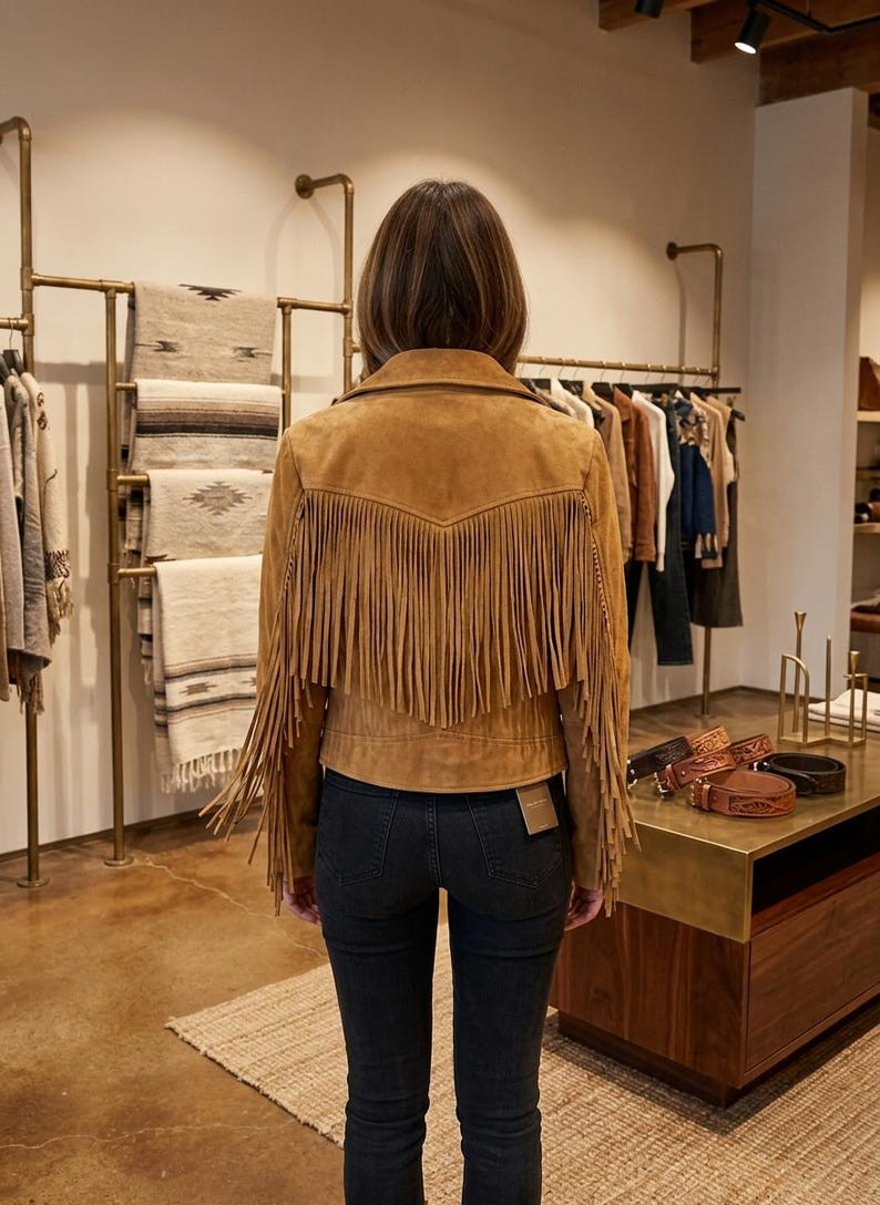 Pode incluir: Uma jaqueta de camur&ccedil;a bege com franjas longas no jugo traseiro e ao longo das mangas. A jaqueta possui gola e &eacute; usada com cal&ccedil;as jeans cinza-escuras. Uma pequena etiqueta retangular est&aacute; fixada na bainha inferior da pe&ccedil;a.