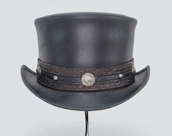 Schwarzer Lederzylinder, handgefertigter Steampunk-Hut im viktorianischen Stil, Hutband im Stil von Bull Nickel, Gothic-Cosplay-Zylinder