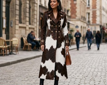 Langer Western-Cowboy-Trenchcoat aus Rindsleder mit Fellbesatz, einzigartige Winterjacke