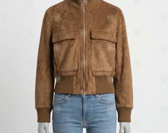 Bomberjacke im Wildleder-Stil für Damen, kurze Vintage-Jacke mit Reißverschluss, lässige Herbstjacke, maßgefertigtes Geschenk für Sie
