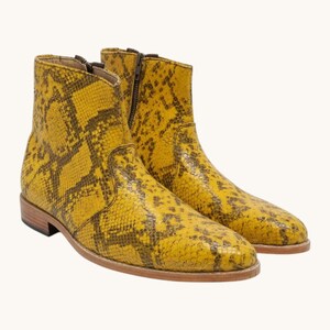 Yellow Snakeskin Leather Ankle Boots, Exotic Yellow Zip Shoes, Luxury Rocker Footwear, Punk Streetwear Boot, Exotic Shoes