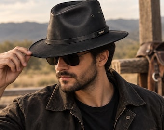 Handgefertigter Fedora-Hut aus schwarzem Leder, breite Krempe im Western-Outback-Stil, mit Büffelnickel-Conchos, Geschenk für ihn
