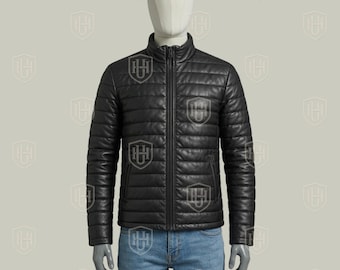 Men’s Leather Puffer Jacket, Quilted Winter Coat, Warm Men’s Jacket, Black Navy Blue or Brown