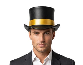 Chapeau haut de forme en cuir noir, chapeau steampunk à bande dorée, casquette de cosplay élégante, couvre-chef de luxe, chapeau en peau de vache véritable