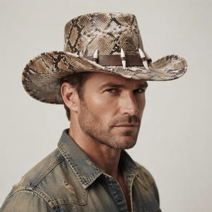 May include: A cowboy hat featuring a brown and tan snakeskin pattern across the crown and brim. The hat includes a dark brown leather band adorned with four white, pointed, tooth-like decorative accents spaced evenly around the base of the crown.