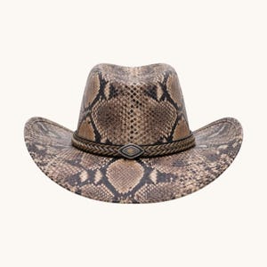 Python Snakeskin Leather Cowboy Hat, Braided Band Western Cap, Exotic Snake Pattern Headwear, Gothic Steampunk Hat, Cowhide Cap