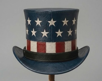 Zylinder aus Leder, patriotischer Hut mit USA-Flagge, Zylinder im Uncle-Sam-Stil, Kostümhut zum Unabhängigkeitstag, aus echtem Leder