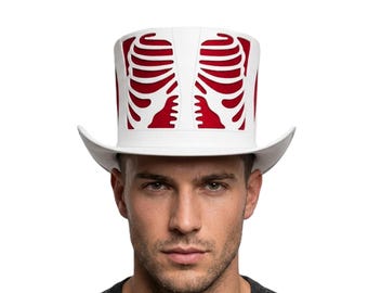 Chapeau haut de forme squelette en cuir blanc, chapeaux gothiques cage thoracique, casquette de cosplay d'Halloween, chapeau de festival punk rock, casquette en cuir de vachette