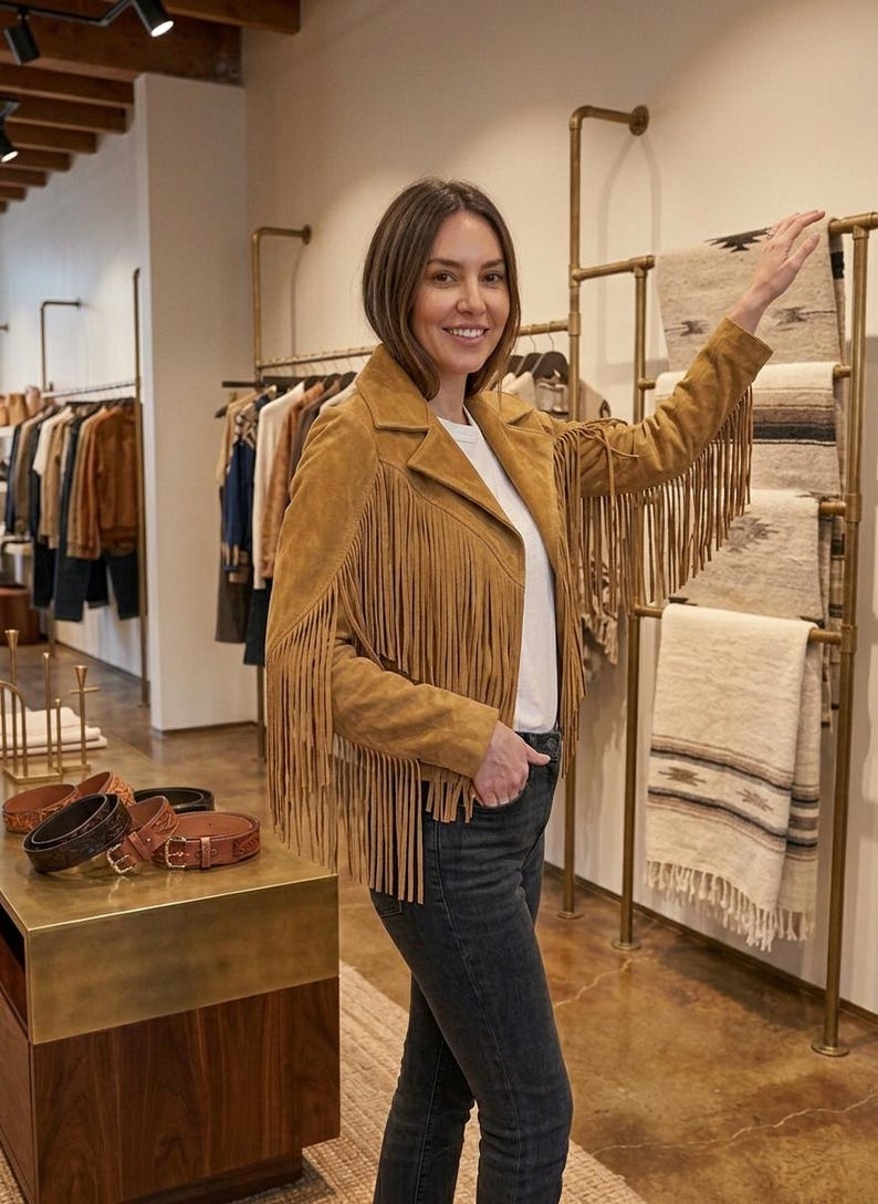 Pode incluir: Uma jaqueta de camur&ccedil;a bege com longas franjas ao longo das mangas e nos pain&eacute;is frontais. A jaqueta tem uma gola cl&aacute;ssica, fecho frontal com z&iacute;per e &eacute; usada sobre uma camiseta branca lisa combinada com cal&ccedil;as jeans cinza escuro.