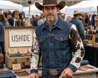 Herren-Jeans- und Lederjacke, Lederapplikationen mit Fellbesatz, blauer Western-Stil mit Knopfleiste