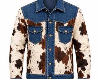 Herren-Lederjacke aus Rindsleder mit Ponyhaar und Denim | Cowboy-Westernmantel aus Leder mit Fellbesatz