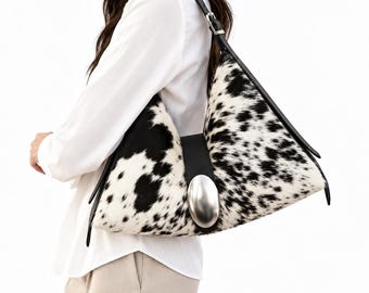 Luxuriöse Hobo-Tasche aus schwarzem und weißem Rindsleder – Einzigartiges Geschenk aus Lederhaar