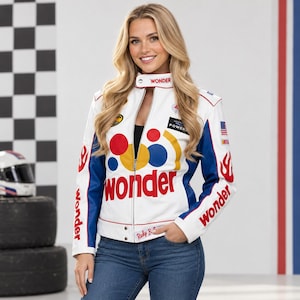 May include: A white, blue, and red racing jacket featuring the word wonder in large red letters on the front, with colorful circular graphics, a stand-up collar with a snap closure, and long sleeves with red flame accents and branding patches.