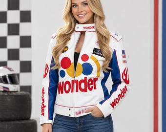 Ricky Bobby Jacke | Wonder Bread Racing Kunstlederjacke | Talladega Nights Halloween-Kostüm für Damen und Herren | Geschenk im NASCAR-Stil