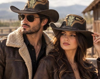Brauner Lederzylinder, Vintage-Western-Steampunk-Cowboyhut im viktorianischen Stil, Buffalo-Nickel-Conchos, Festival-Cosplay-Kostüm, Erwachsene