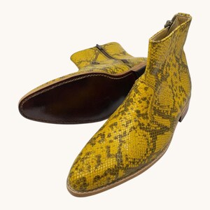 Yellow Python Boots, Genuine Snakeskin Ankle Shoes, Men Luxury Streetwear Footwear, Exotic Yellow Dress Boot, Custom Leather Shoes