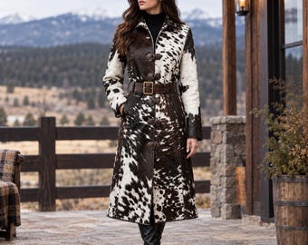 Luxuriöser Trenchcoat aus Rindsleder mit Western-Kuhmuster, langer Wintermantel, Damengeschenk