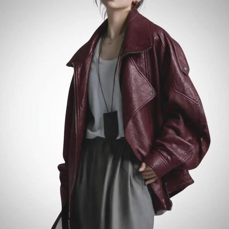Oversized Burgundy Leather Jacket, Vintage Biker Moto Coat, Y2K Streetwear