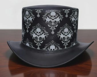 Schwarzer Totenkopf-Zylinder, Gothic-Steampunk-Hut aus echtem Leder, Skelett-Hut für Halloween-Kostüme, modischer Unisex-Hut