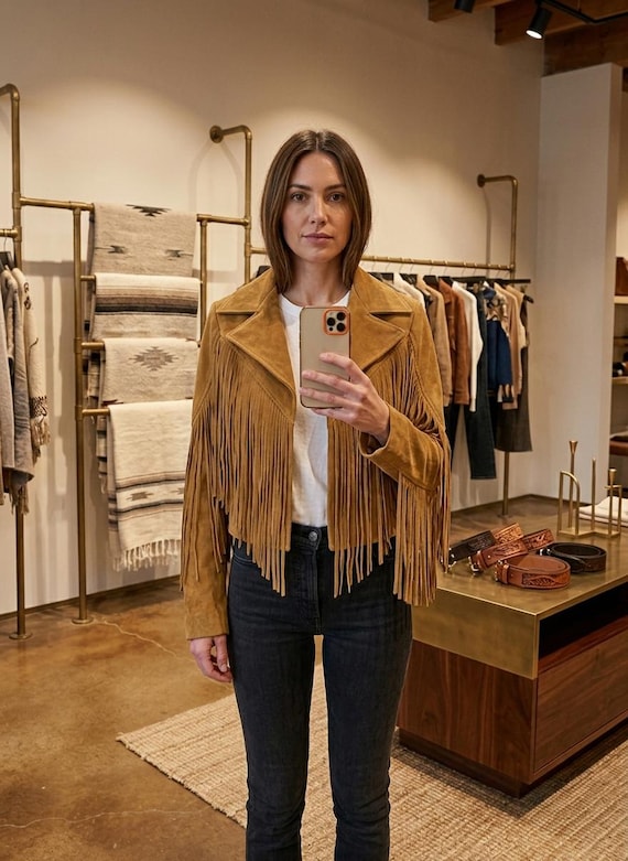 Vintage Camel Brown Fringe Suede Jacket Women - Boho Western Leather Coat - Handmade Cowgirl Style Fringe Jacket - Festival Suede Coat