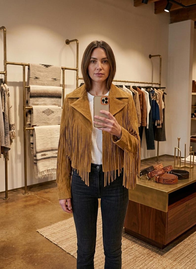 Handmade Camel Brown Suede Fringe Jacket – Western Boho Cowgirl Style