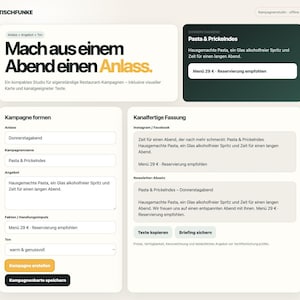Op de afbeelding: Een digitale interface voor het Tischfunke-platform met een tool voor het maken van campagnes. Het scherm toont tekstvelden voor evenementdetails, waaronder 'Pasta & Prickelndes', en een voorbeeldsectie voor sociale media en nieuwsbriefinhoud met een menuprijs van 29 euro.