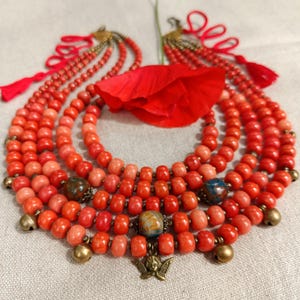 Five Strand Coral Necklace, Ukrainian Style Statement Jewelry, Red Beaded Ethnic Necklace