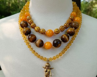 Tigerauge Citrin Perlen Statement Halskette Set Chunky Herbst Multi Strang Edelstein Schmuck