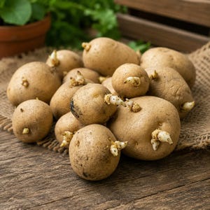 May include: A pile of raw, light brown potatoes with visible sprouts emerging from their skins. The potatoes vary in size and shape, featuring textured, earthy surfaces with small dark spots and light-colored, budding sprouts growing from several of the tubers.