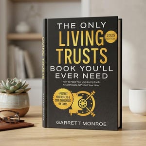 May include: A black hardcover book titled The Only Living Trusts Book You'll Ever Need by Garrett Monroe, 2025 Edition. The cover features gold text and a gold vault graphic, with the subtitle How to Make Your Own Living Trust, Avoid Probate, & Protect Your Heirs.