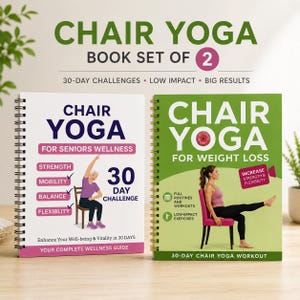 May include: A two-book set titled Chair Yoga. The left book is white with a purple spiral binding, featuring a person on a chair and text including 30 Day Challenge. The right book is green with a gold spiral binding, showing a person on a chair.