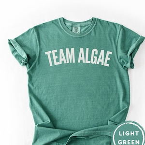 May include: A short-sleeved, crew-neck t-shirt in a muted, washed-out light green color. The chest features the text "TEAM ALGAE" printed in a bold, white, arched sans-serif font. A circular badge in the bottom right corner reads "LIGHT GREEN".