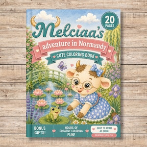 Może przedstawiać: Kolorowanka zatytułowana Melciaa's adventure in Normandy przedstawiająca krowę z kreskówki w okularach i niebieskiej sukience w kropki. Okładka przedstawia staw z liliami wodnymi, zielony most, żabę i motyla. Zawiera 20 stron.
