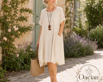 Oversized Linen Dress with Pockets, Plus Size Cotton Midi, Loose Casual Summer Tunic, Roll-Up Sleeve Swing Dress