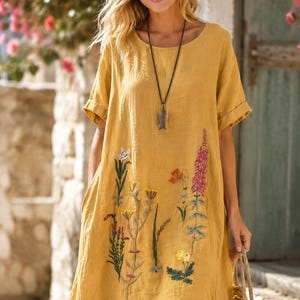 summer embroidered crew neck dress Ussuma Embroidered Crew Neck Summer Dress for Women Short Sleeve Linen Solid Color Ruffle Midi Dresses Loose Comfortable Stylish Beach Holiday Daliy