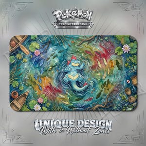 May include: A rectangular playmat featuring a colorful watercolor illustration of a blue Totodile swimming in a pond. The scene includes lily pads, pink flowers, small fish, and two wooden boats. The Pokémon Trading Card Game logo is at the top.
