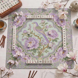 May include: A square mahjong mat featuring a central illustration of a bird perched on a flowering branch surrounded by purple peonies. The mat has a light green background with a repeating pattern and is arranged with mahjong tiles and score sheets.