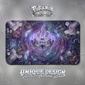 May include: A rectangular playmat featuring a Pokémon Trading Card Game design with a central Chandelure character surrounded by purple flames, koi fish, lily pads, stone pillars, and mirrors in a dark, ethereal pond setting with water ripples.