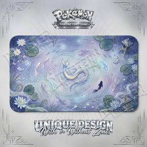 May include: A rectangular playmat featuring a Pokémon Trading Card Game logo at the top and the text Unique Design With or Without Zones at the bottom. The center depicts a blue Dratini swimming in a pond with water lilies and small fish.