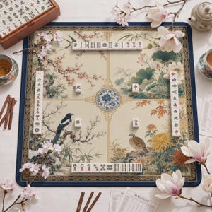 May include: A square mahjong mat featuring a cream-coloured surface with a printed botanical design of birds, flowers, and lotus leaves. The mat is arranged with white mahjong tiles displaying black and red characters, symbols, and numbers.