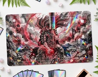Może przedstawiać: Prostokątna mata do gry z ilustracją dark fantasy przedstawiającą wojownika w zbroi trzymającego wielki miecz. Projekt zawiera strefy gry oznaczone jako Battlefield, Library, Graveyard, Lands i Exile, z czerwonymi akcentami i holograficznymi efektami świetlnymi.