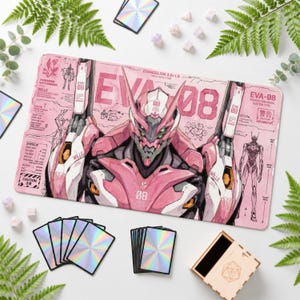 Op de afbeelding: Een rechthoekige speelmat met een illustratie van een roze en witte mechanische robot met de tekst EVA-08 en Evangelion 3.0+1.0. Het ontwerp bevat technische schema's, WILLE-branding en waarschuwingssymbolen op een lichtroze achtergrond.