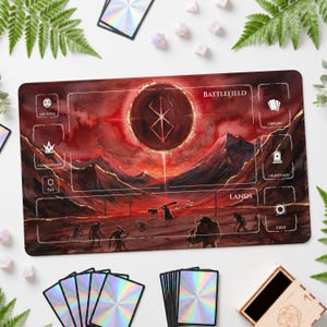 May include: A rectangular playmat featuring a dark red landscape with a large eclipse symbol in the sky. The mat includes labelled zones for Battlefield, Lands, Life Total, Commander, Tax, Library, Graveyard, and Exile, with a silhouette figure.