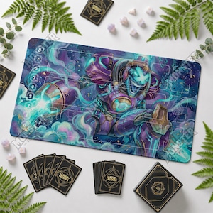 May include: A rectangular playmat featuring a vibrant illustration of a purple and blue armored character with a glowing cannon, surrounded by swirling energy. The mat includes numbered circular zones and grid outlines, with League of Legends branding.