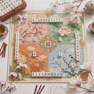 May include: A square mahjong mat featuring a four-quadrant floral and bird design in pastel tones. The mat displays white mahjong tiles with black and red characters, a wooden tile box, a ceramic teapot, a teacup, and score sheets on the surface.