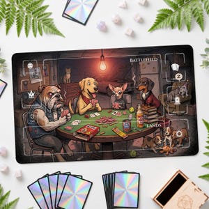May include: A rectangular playmat featuring a cartoon illustration of dogs playing cards in a garage. The scene includes a bulldog, a golden retriever, a chihuahua, and a dachshund. The mat has printed game zones labeled Battlefield, Lands, Library, Graveyard, and Exile, along with icons for Commander and Tax.