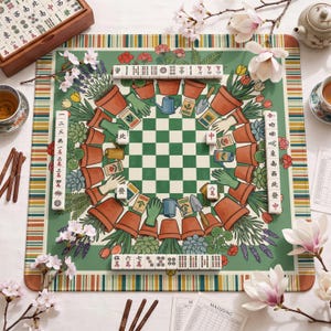 May include: A square mahjong mat featuring a central green and white checkerboard pattern surrounded by a border of terracotta pots, gardening gloves, trowels, and watering cans. The mat has a striped edge and includes white mahjong tiles.