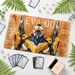 Op de afbeelding: Een rechthoekige bureaumat met een grote illustratie van de geel-witte EVA-00 mecha-robot. De achtergrond bevat technische schema's, de tekst EVA-00 en NERV-logodetails in een verweerd oranje en bruin kleurenpalet.