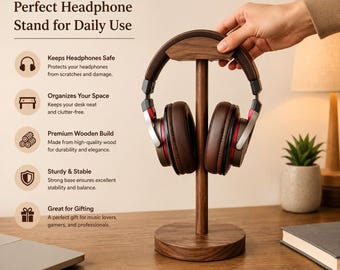 Handgemaakte notenhouten headsethouder, houten hoofdtelefoonstandaard | Bureau-organizer voor gaminghoofdtelefoons