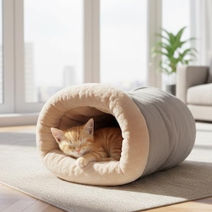Pode incluir: Uma cama cilíndrica para animais de estimação com forro interior bege macio e uma capa exterior cinzenta lisa. Um gatinho tigrado cor de laranja está enrolado e a dormir dentro da abertura em forma de túnel da estrutura de tecido.